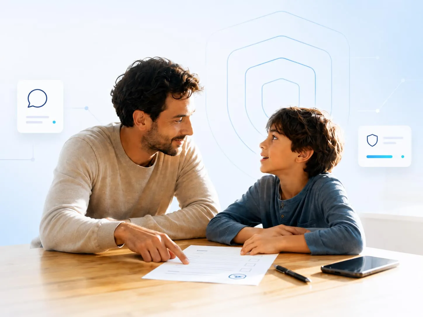 Padre e hijo creando juntos un acuerdo digital familiar