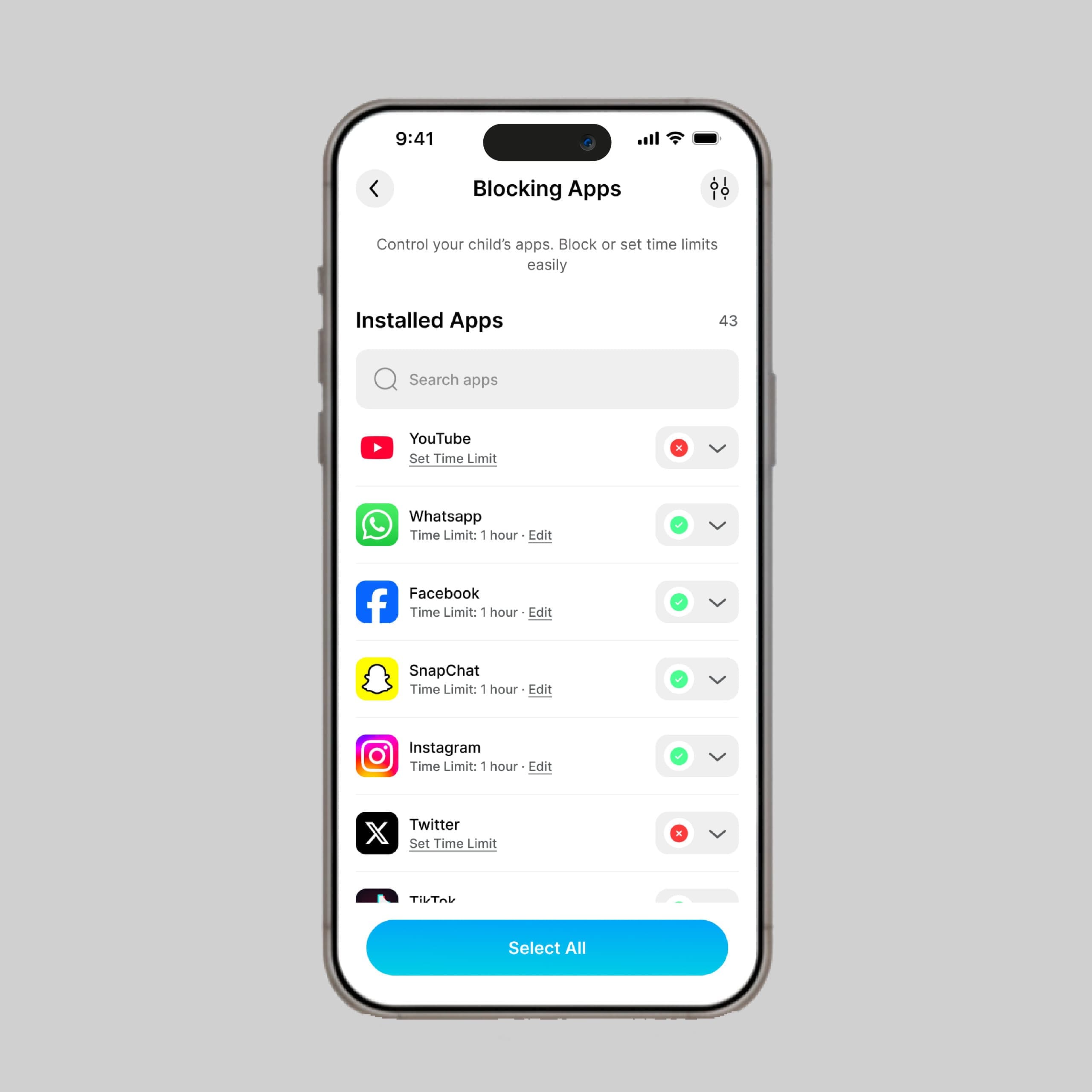 Interfaz de bloqueo de aplicaciones mostrando apps restringidas en el dispositivo del niño