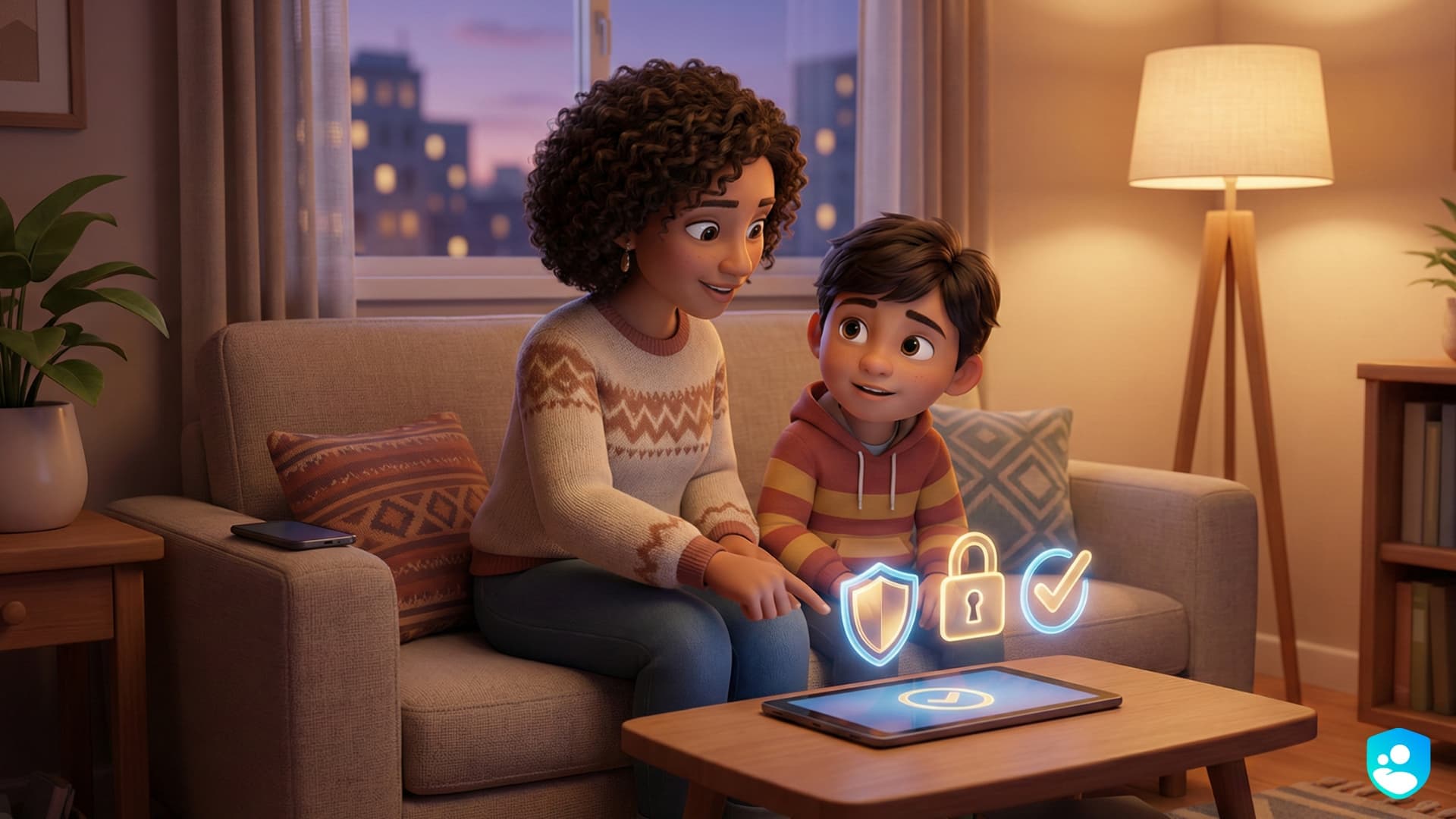 Madre e hijo sentados juntos en el sofá del hogar, dialogando sobre seguridad digital mientras observan una tablet con iconos de protección como escudo, candado y verificación. Escena cálida que representa el acompañamiento digital familiar consciente.