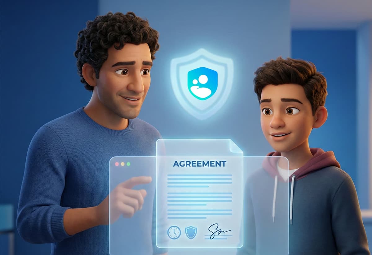 Padre e hijo creando juntos el Contrato de Transición Digital, acuerdo familiar de responsabilidad digital