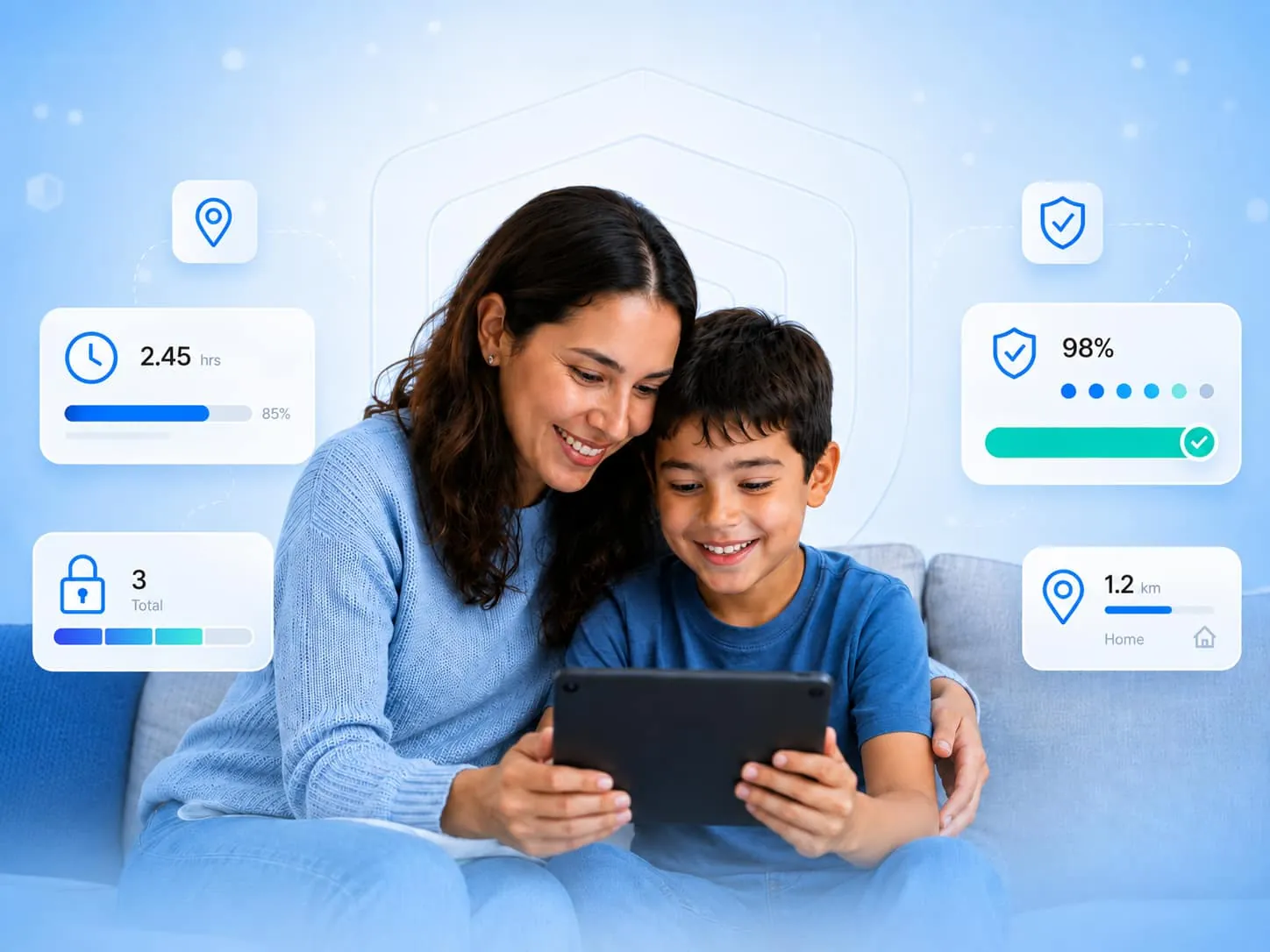 Madre e hijo usando juntos una tableta con herramientas de control parental