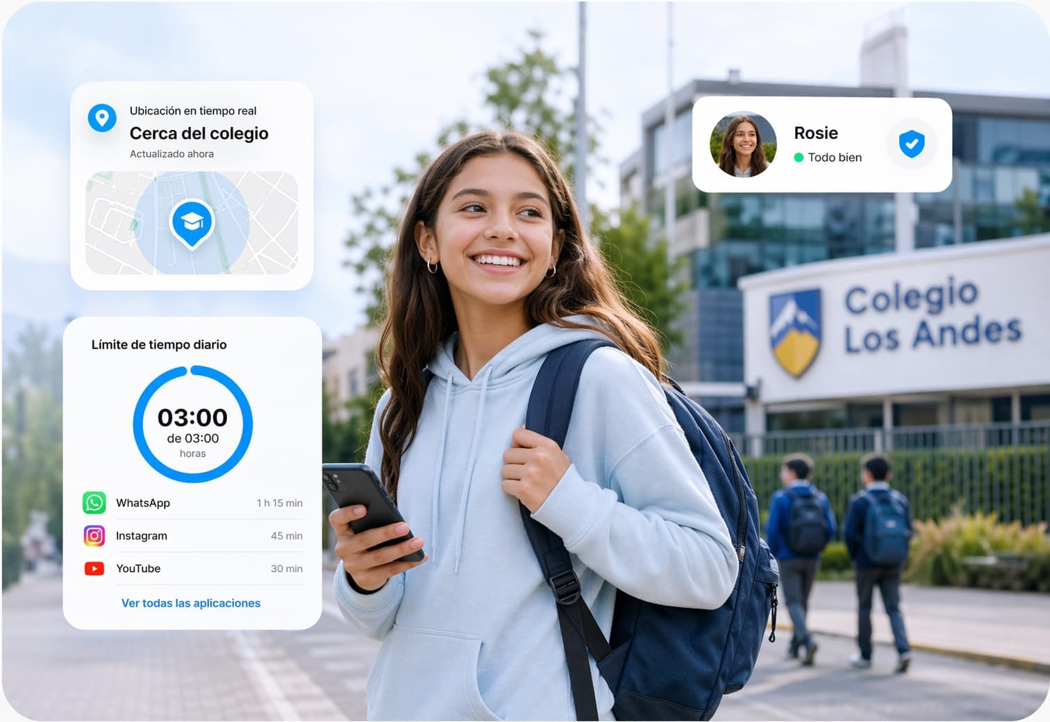 Adolescente colombiana sonriendo frente a su colegio con overlays de la app RaiSecure mostrando ubicación en tiempo real cerca del colegio y límite de tiempo diario de uso por aplicación.
