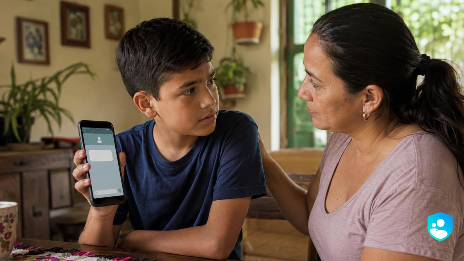 Un padre y su hijo conversan sobre el uso responsable del smartphone