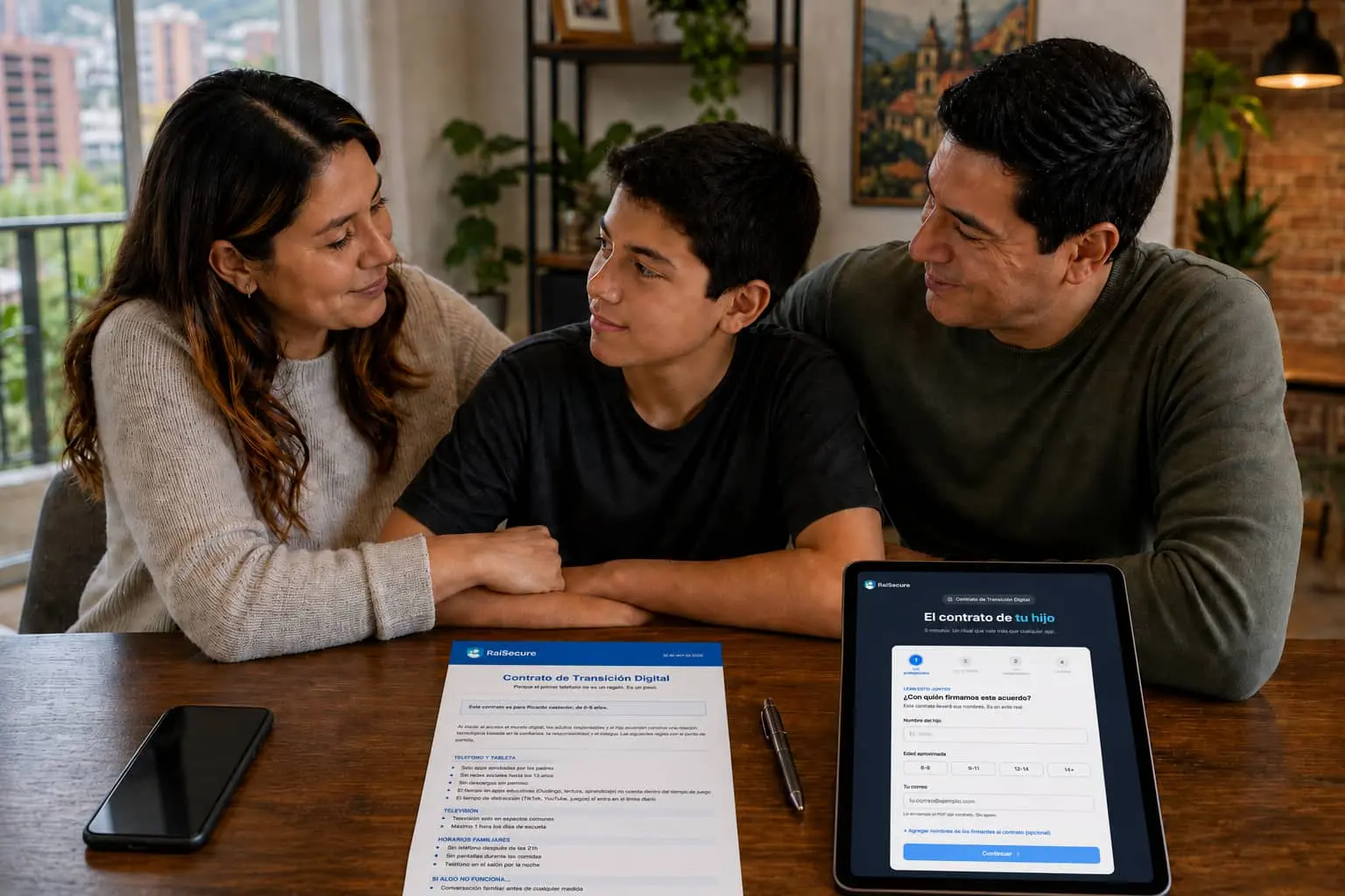 Familia colombiana creando juntos el Contrato de Transición Digital en tablet con RaiSecure