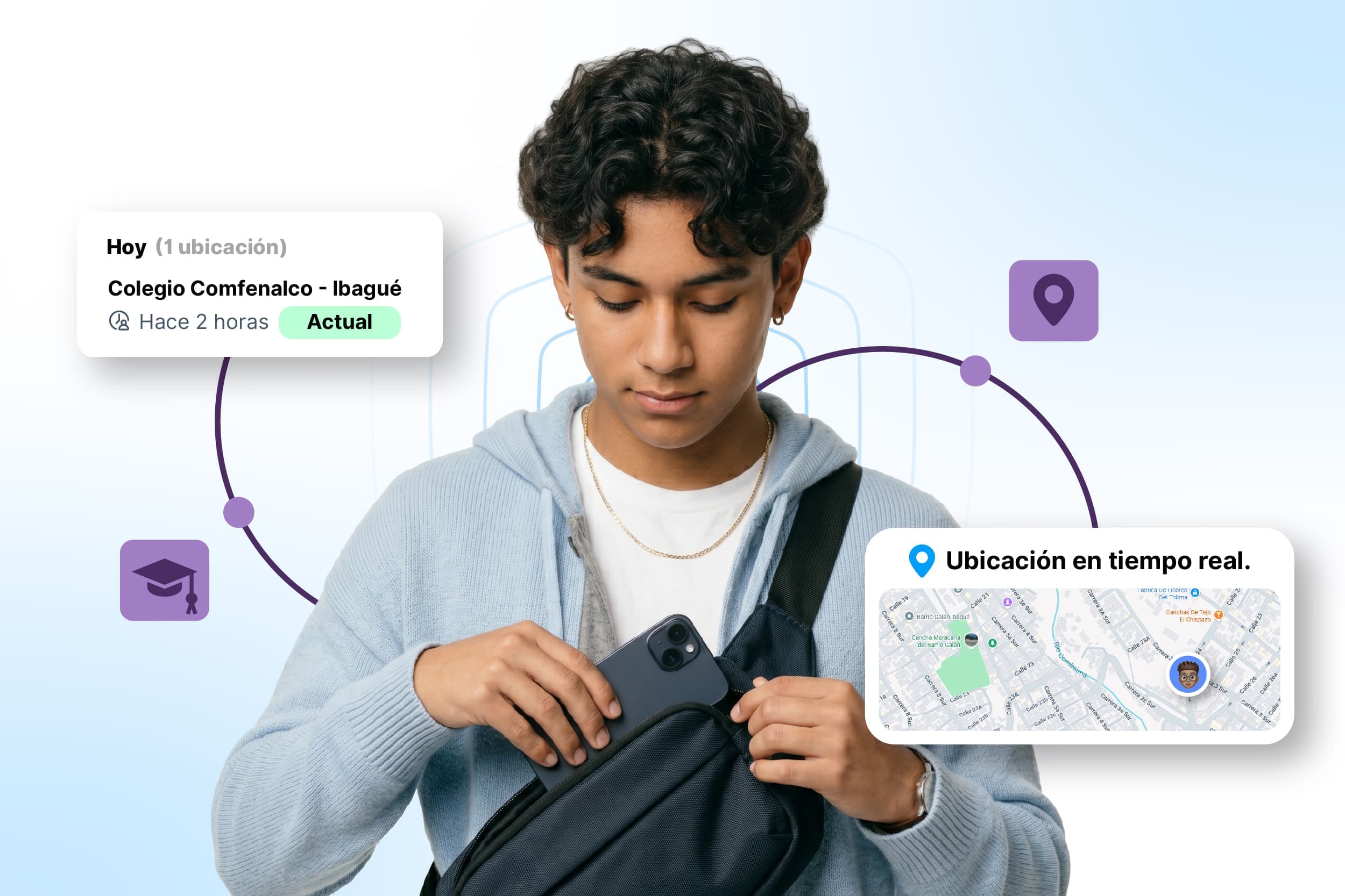 Adolescente con smartphone acompañada con RaiSecure