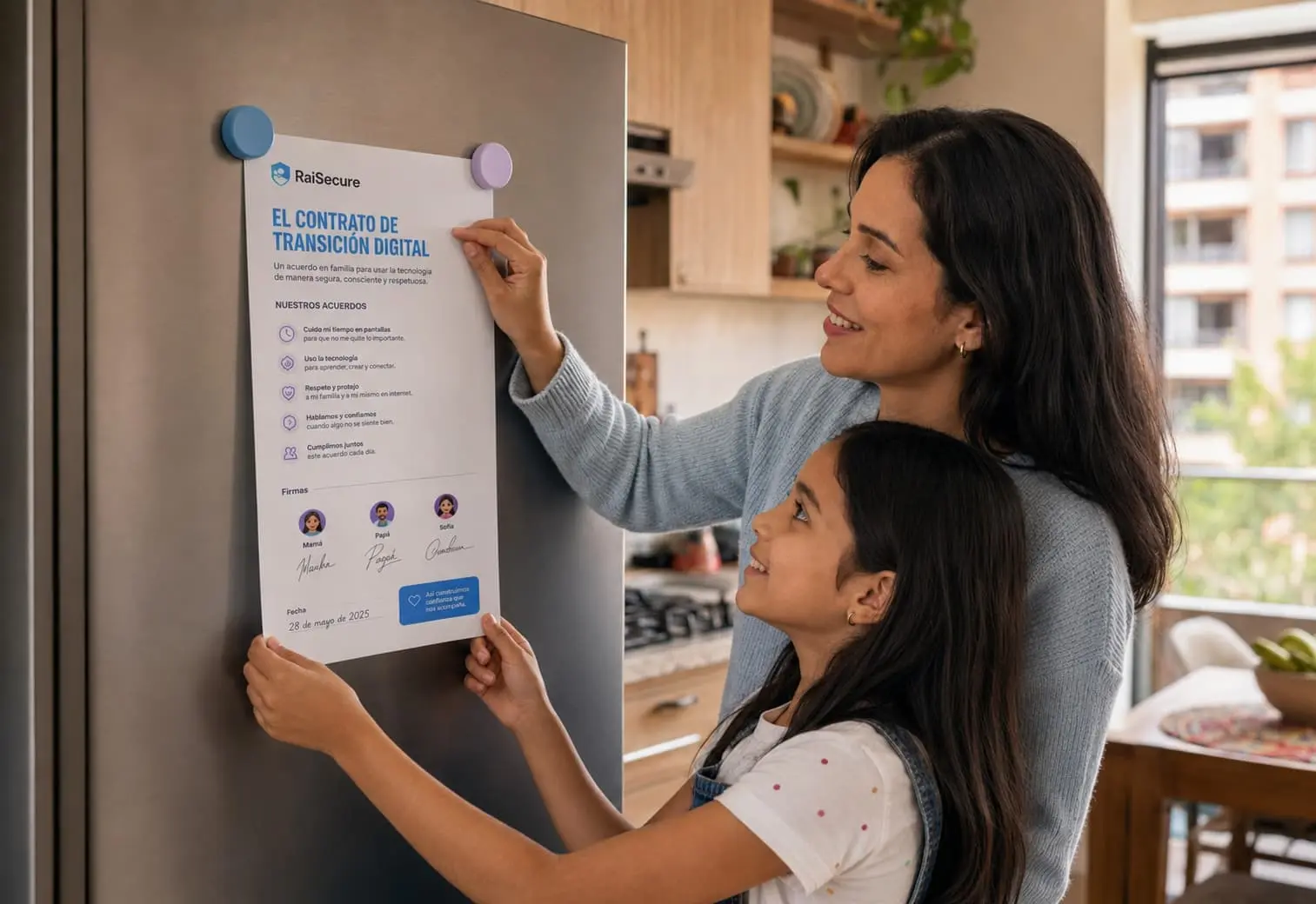 Madre e hija pegando el Contrato de Transición Digital en el refrigerador — el pacto familiar en casa