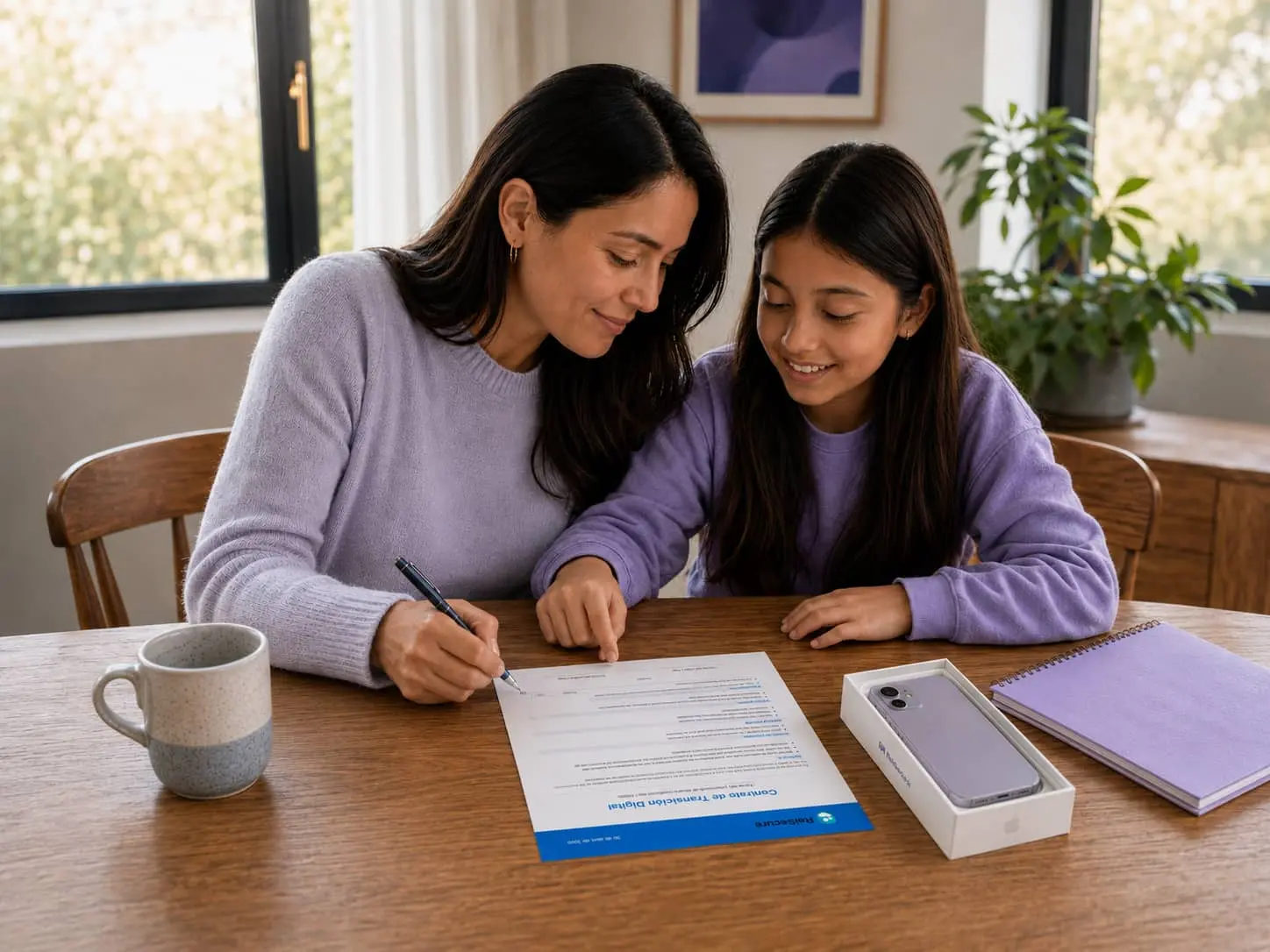 Madre e hija firmando juntas el Contrato de Transición Digital RaiSecure — acuerdo familiar