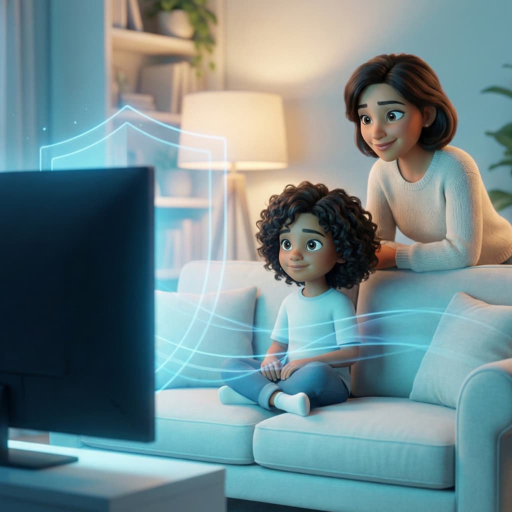 Madre e hija viendo televisión juntas con protección digital RaiSecure