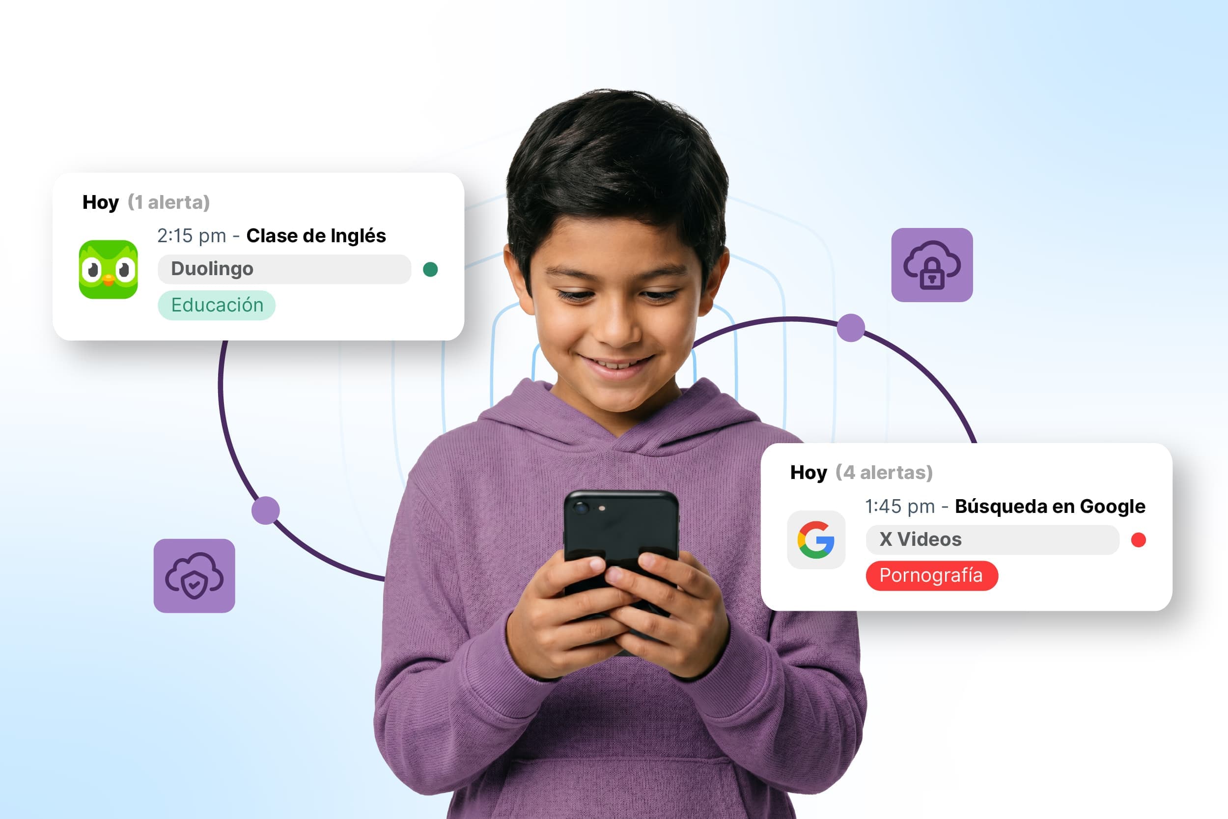 Niño con smartphone — control parental y filtros de contenido RaiSecure Colombia
