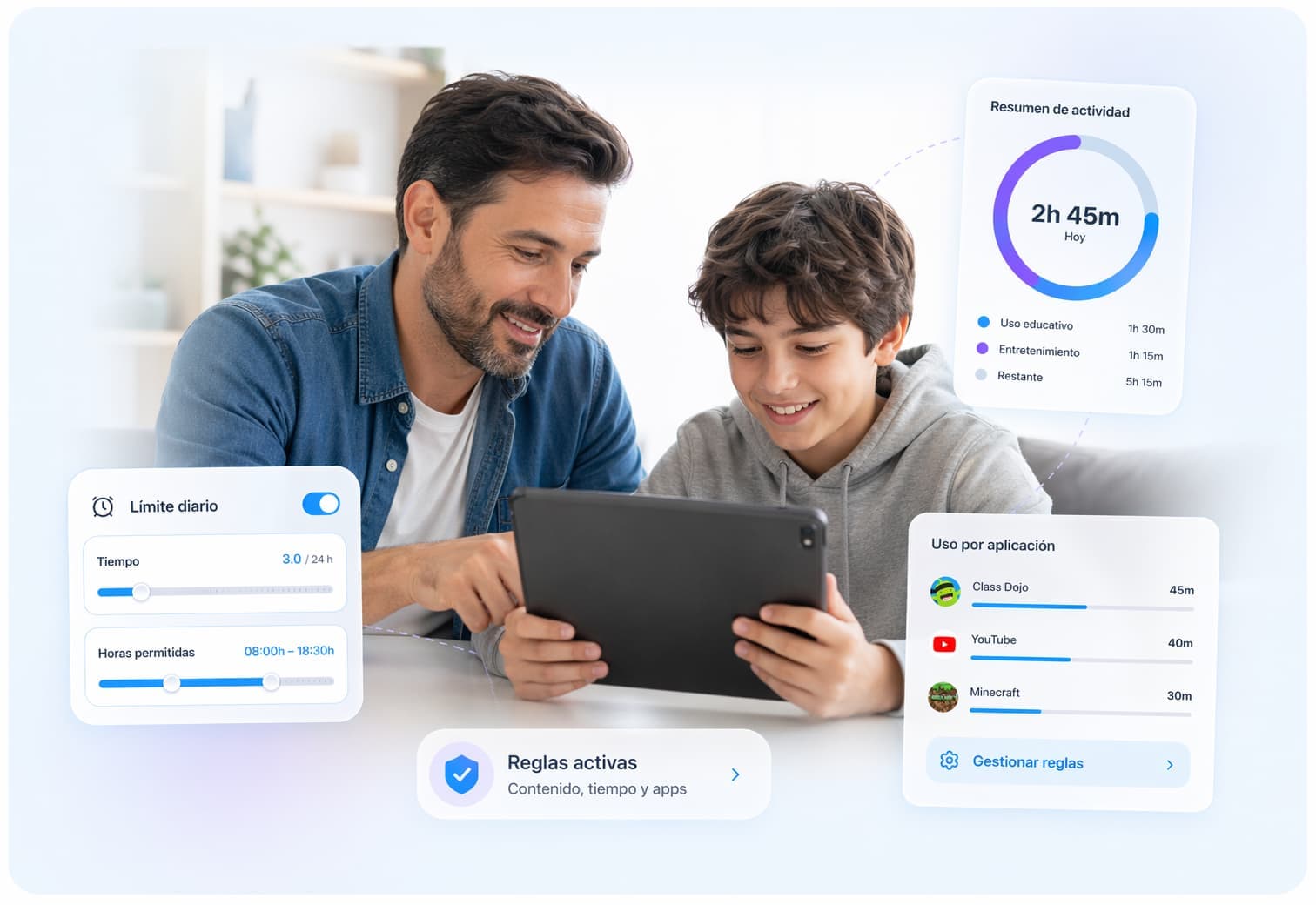 Padre e hijo mirando juntos una tablet que muestra el dashboard de RaiSecure con resumen de actividad, límite diario de pantalla y uso por aplicación. Escena de acompañamiento digital familiar en el hogar.