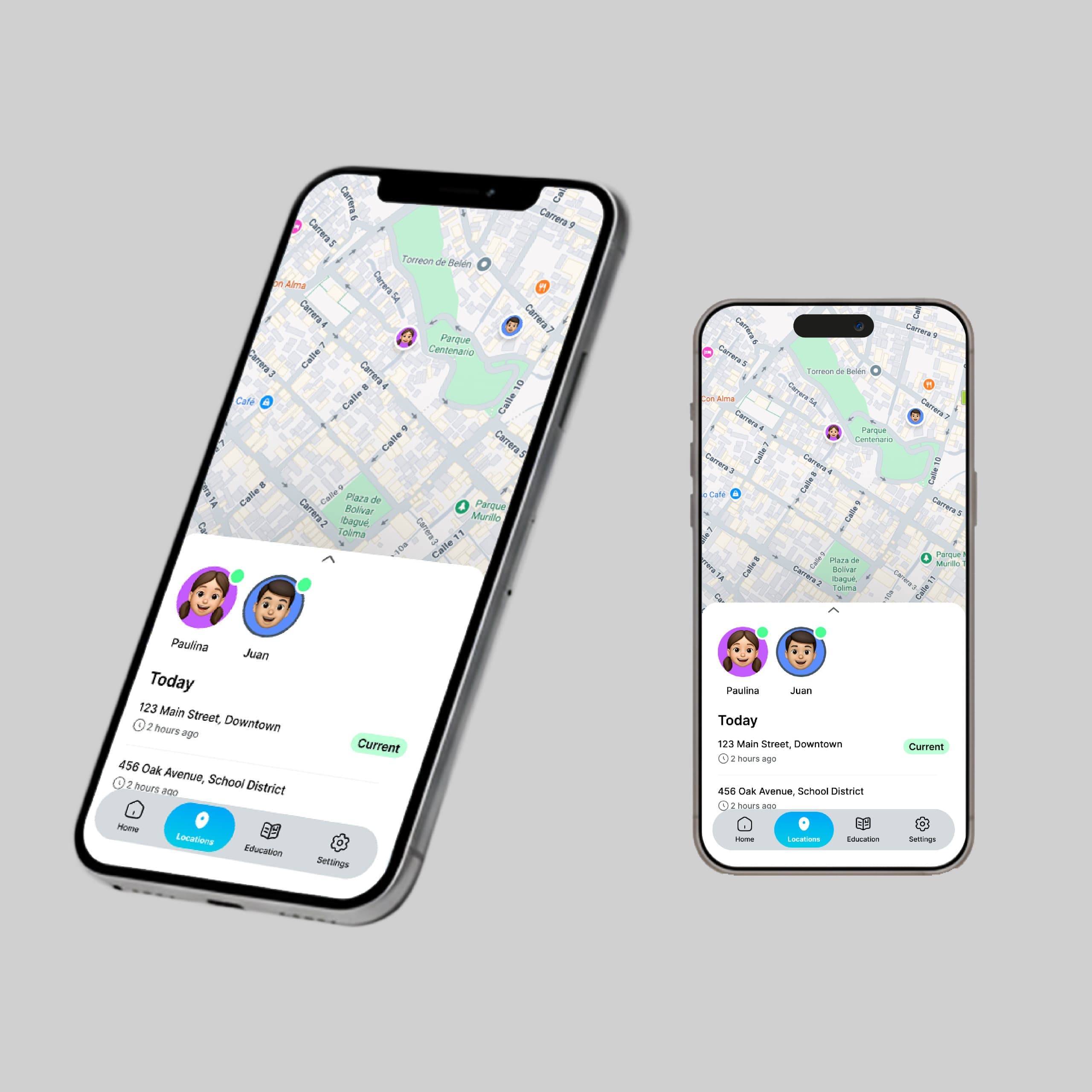 Mapa en tiempo real mostrando la ubicación actual del niño con historial de movimientos del día
