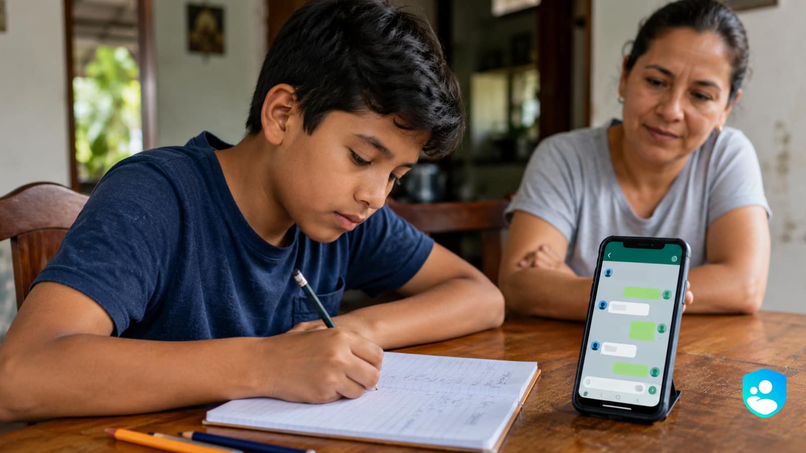 Niño en Colombia usando los grupos escolares de WhatsApp con el acompañamiento de su familia