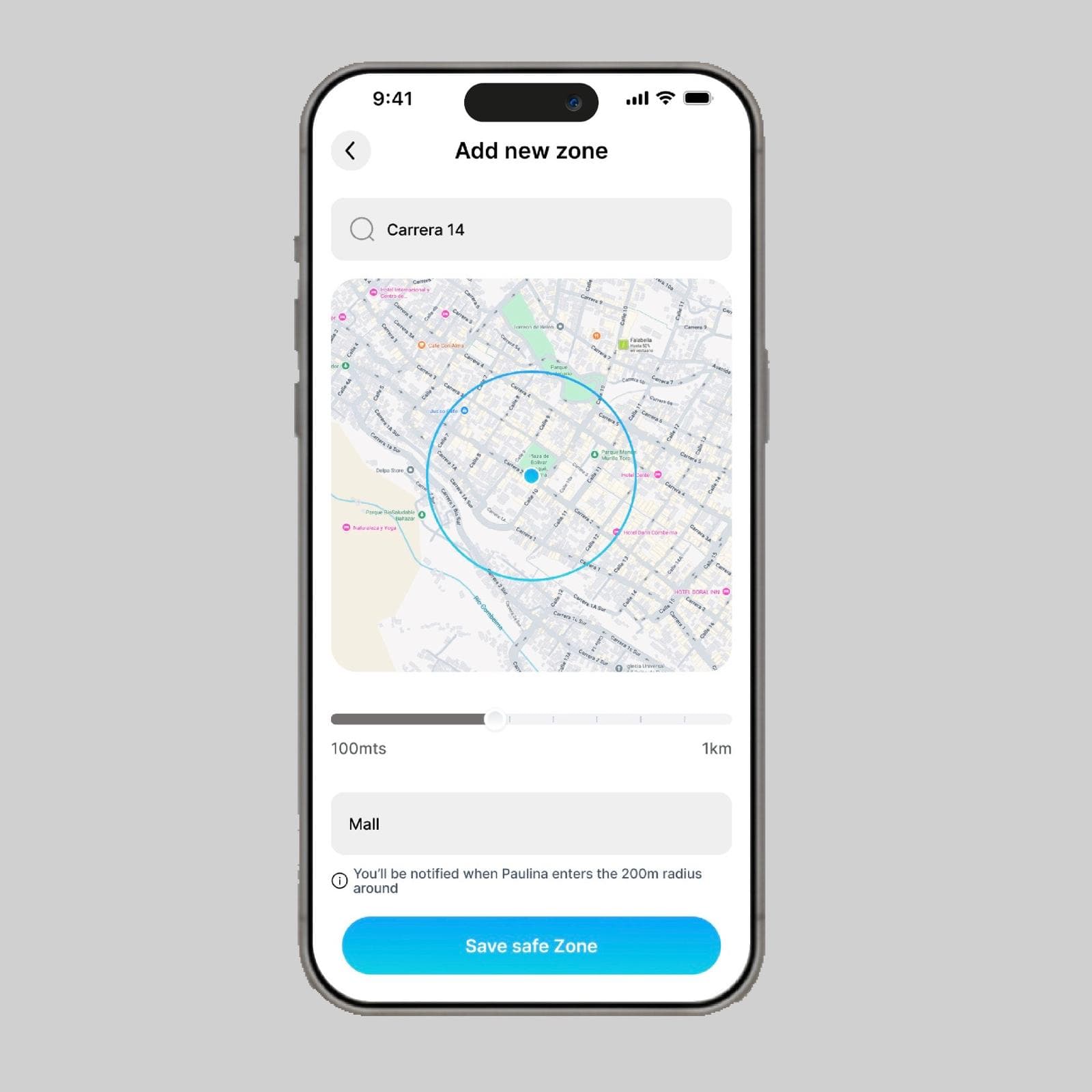 Mapa mostrando zonas seguras delimitadas alrededor de casa y escuela con alertas automáticas configuradas