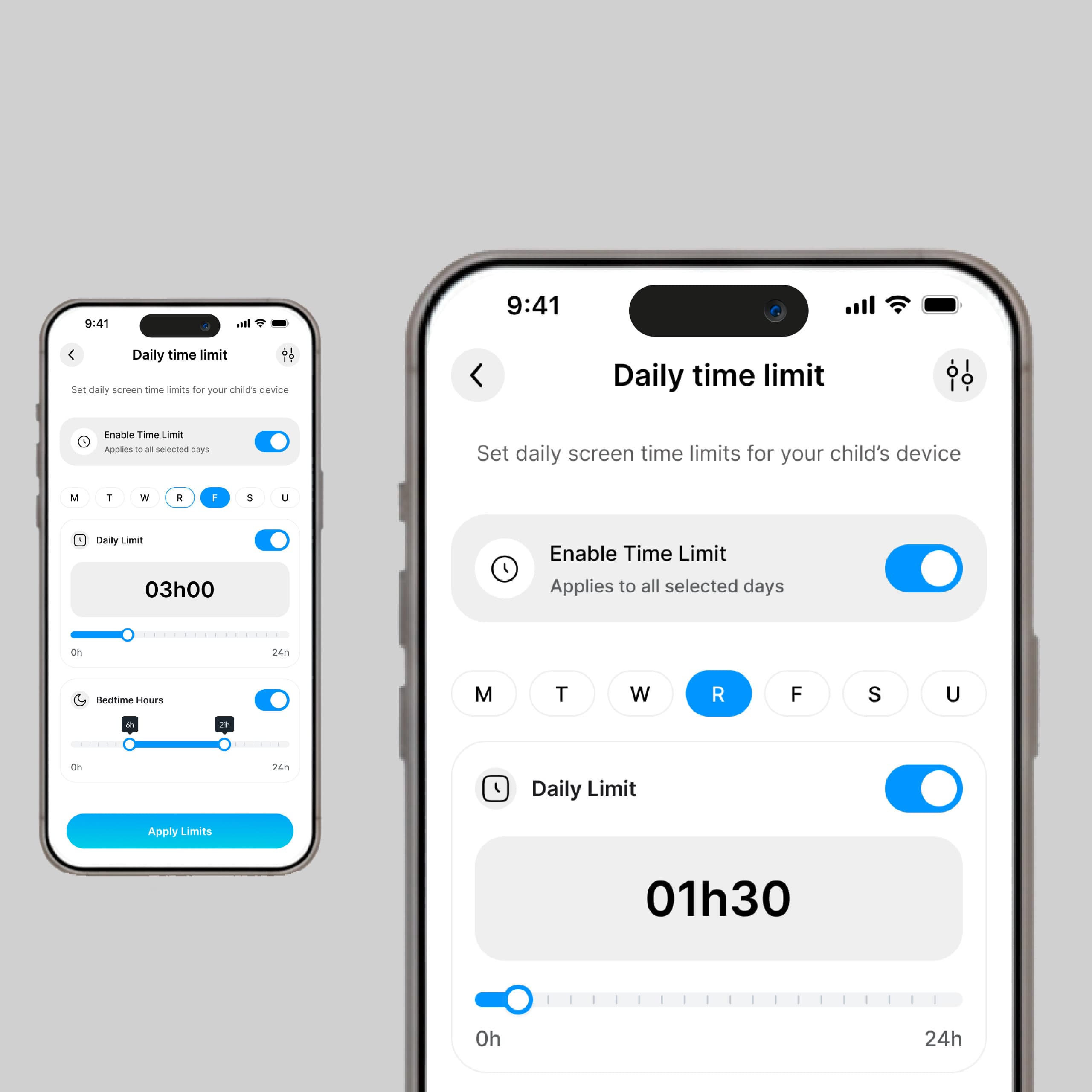 Panel de control mostrando el límite diario de tiempo de pantalla configurado para el niño