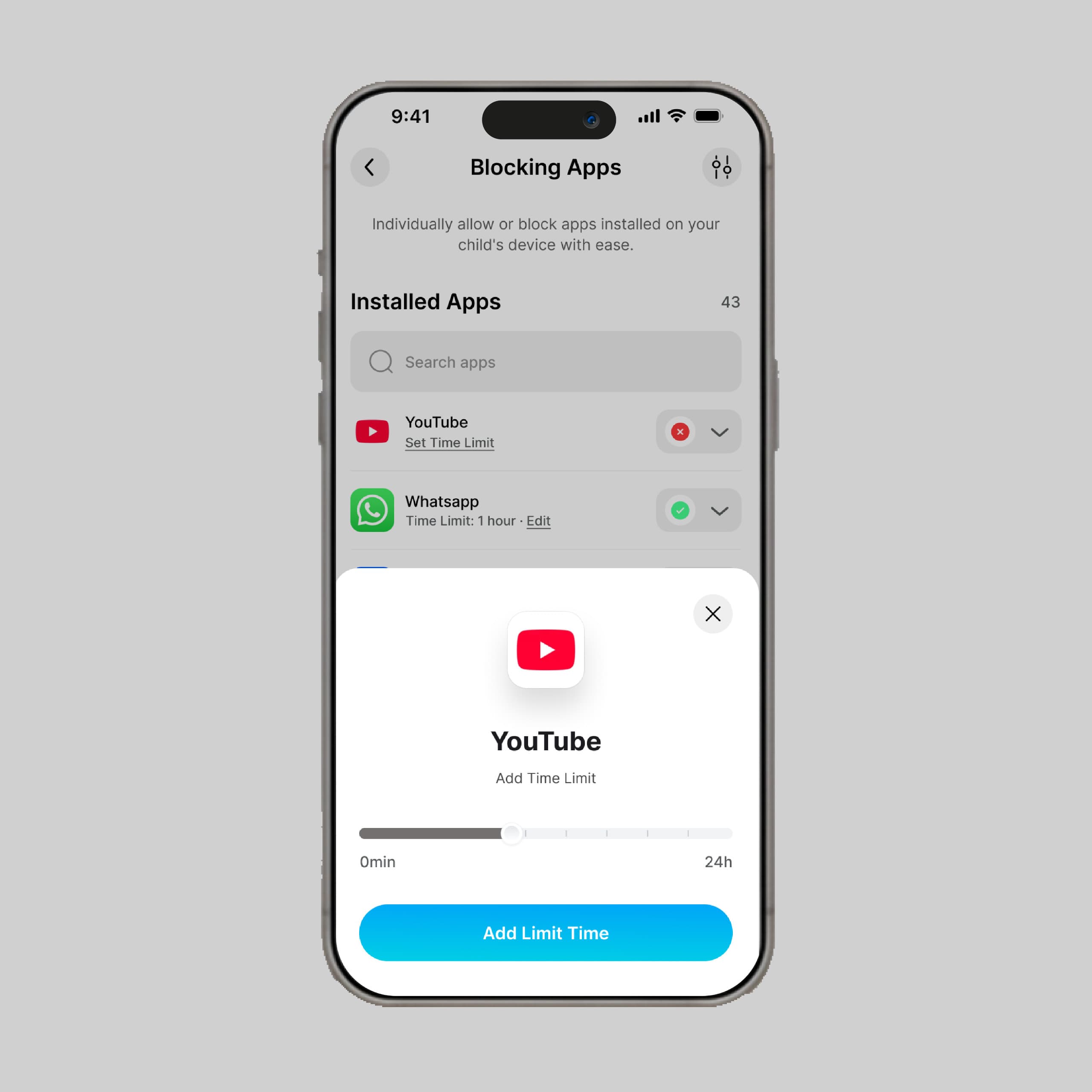 Lista de aplicaciones con límites de tiempo individuales configurados para cada una