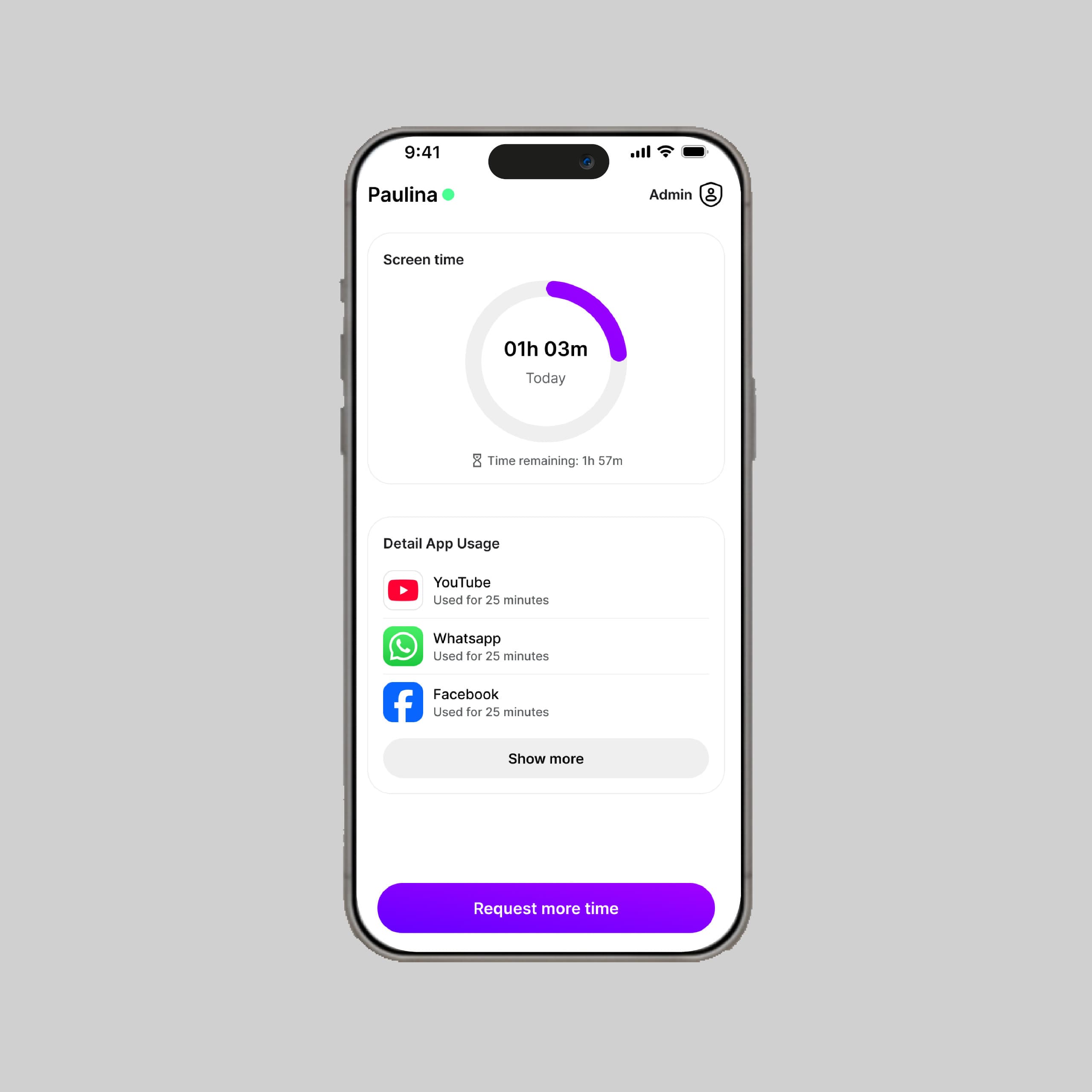 Notificación mostrando la solicitud del niño para obtener tiempo adicional con mensaje explicativo