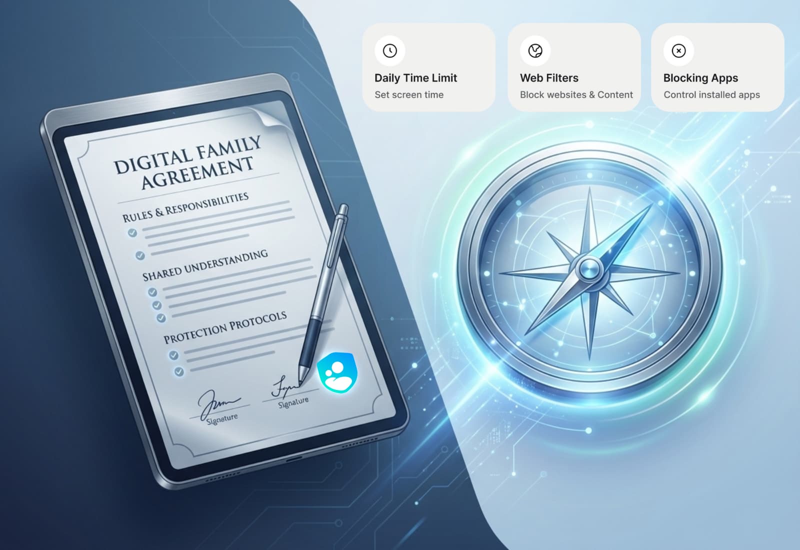 Contrato de Transición Digital - Acuerdo familiar digital con tablet, reglas de responsabilidad compartida y brújula de navegación segura