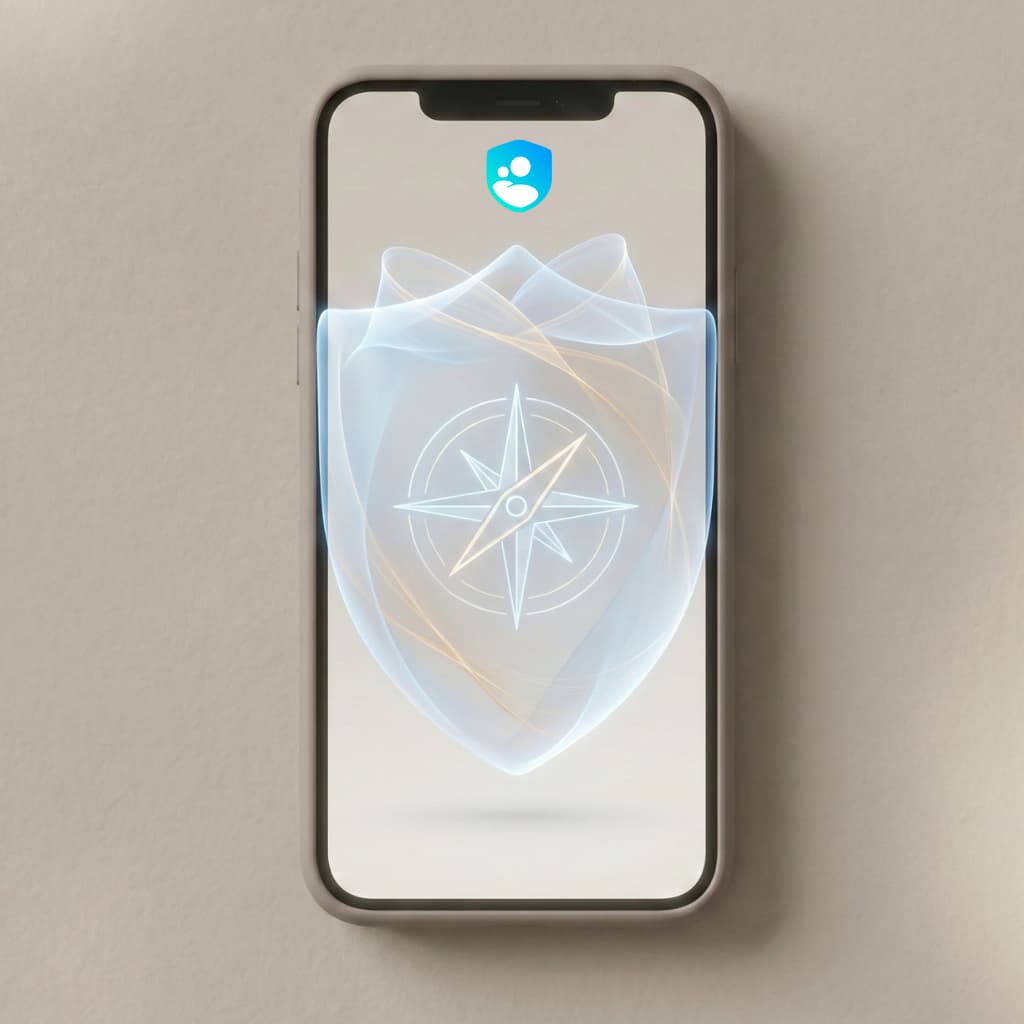 Smartphone mostrando el logo RaiSecure con boussola y escudo de protección digital representando la guía segura en el primer acceso digital