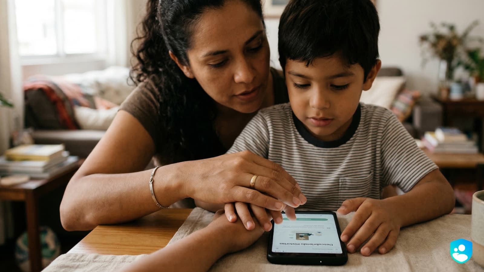 Madre latina y su hijo de unos seis años inclinados juntos sobre una mesa, las manos de ambos posadas sobre un teléfono inteligente que muestra una aplicación educativa. La madre guía suavemente los dedos del niño en la pantalla, en un gesto de acompañamiento digital consciente.