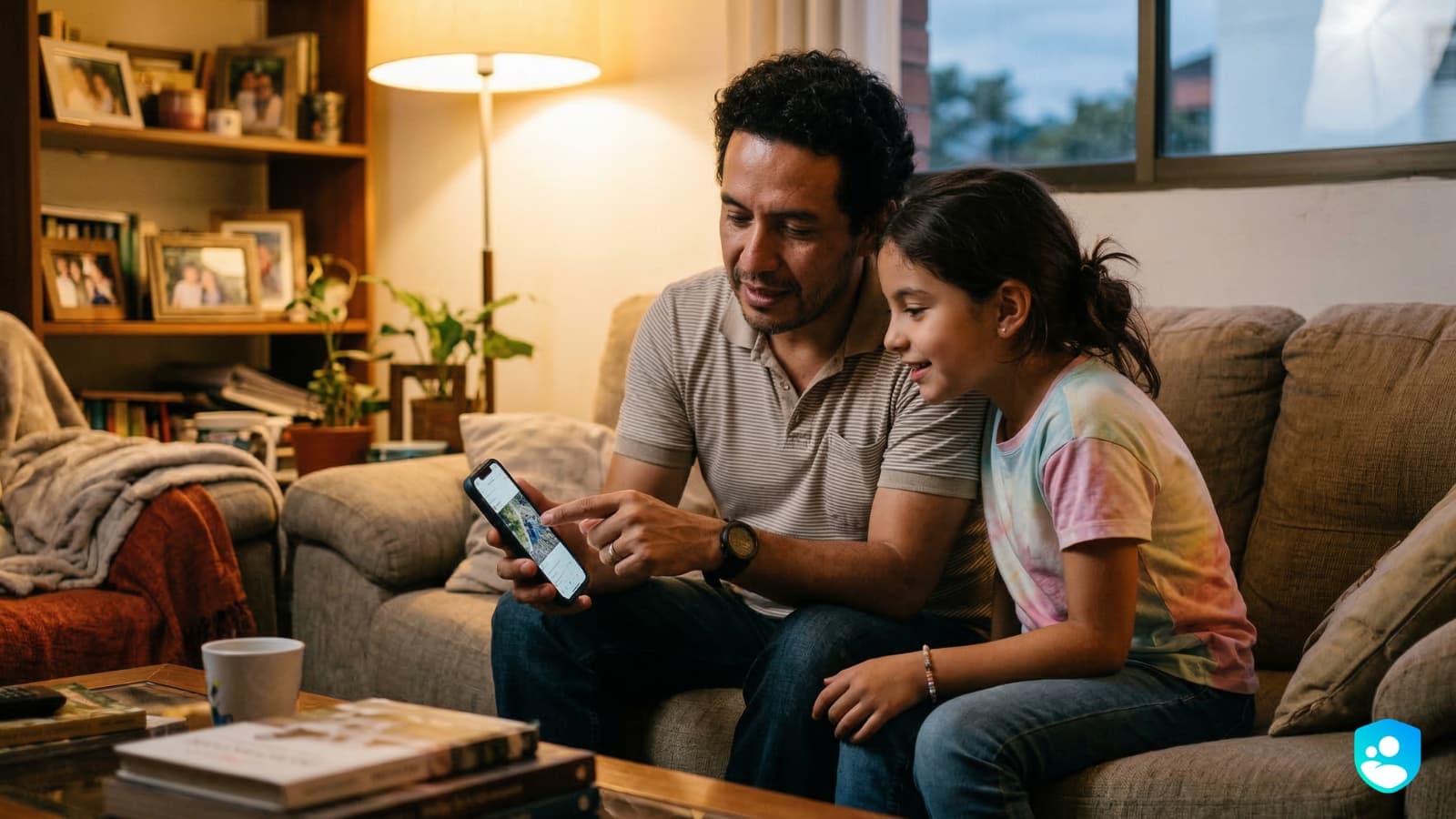 Padre latino e hija de aproximadamente ocho años sentados juntos en un sofá en un hogar colombiano con luz cálida, revisando el contenido de un teléfono inteligente. El padre señala la pantalla mientras la niña observa con atención, en una escena de acompañamiento digital familiar.