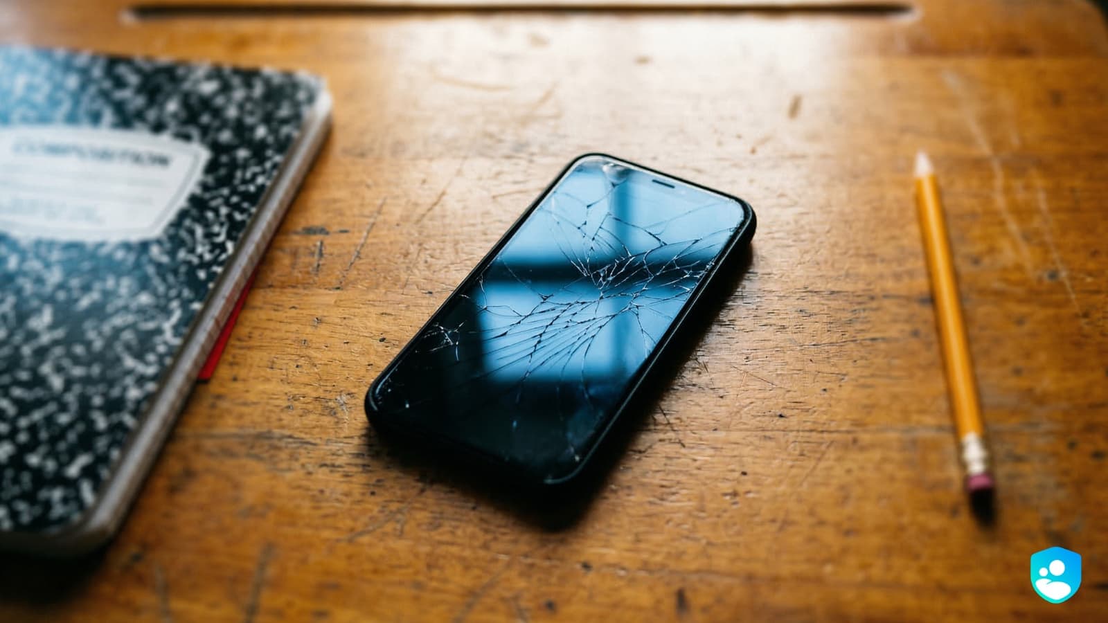 Teléfono inteligente con la pantalla completamente rota, colocado sobre un escritorio escolar de madera junto a un cuaderno de composición y un lápiz amarillo, simbolizando los daños invisibles que deja la violencia digital en niñas y adolescentes.