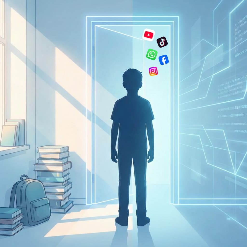 Niño de pie frente a un portal digital luminoso con logos de redes sociales flotantes (YouTube, TikTok, Instagram, Facebook, WhatsApp) simbolizando su entrada al mundo digital