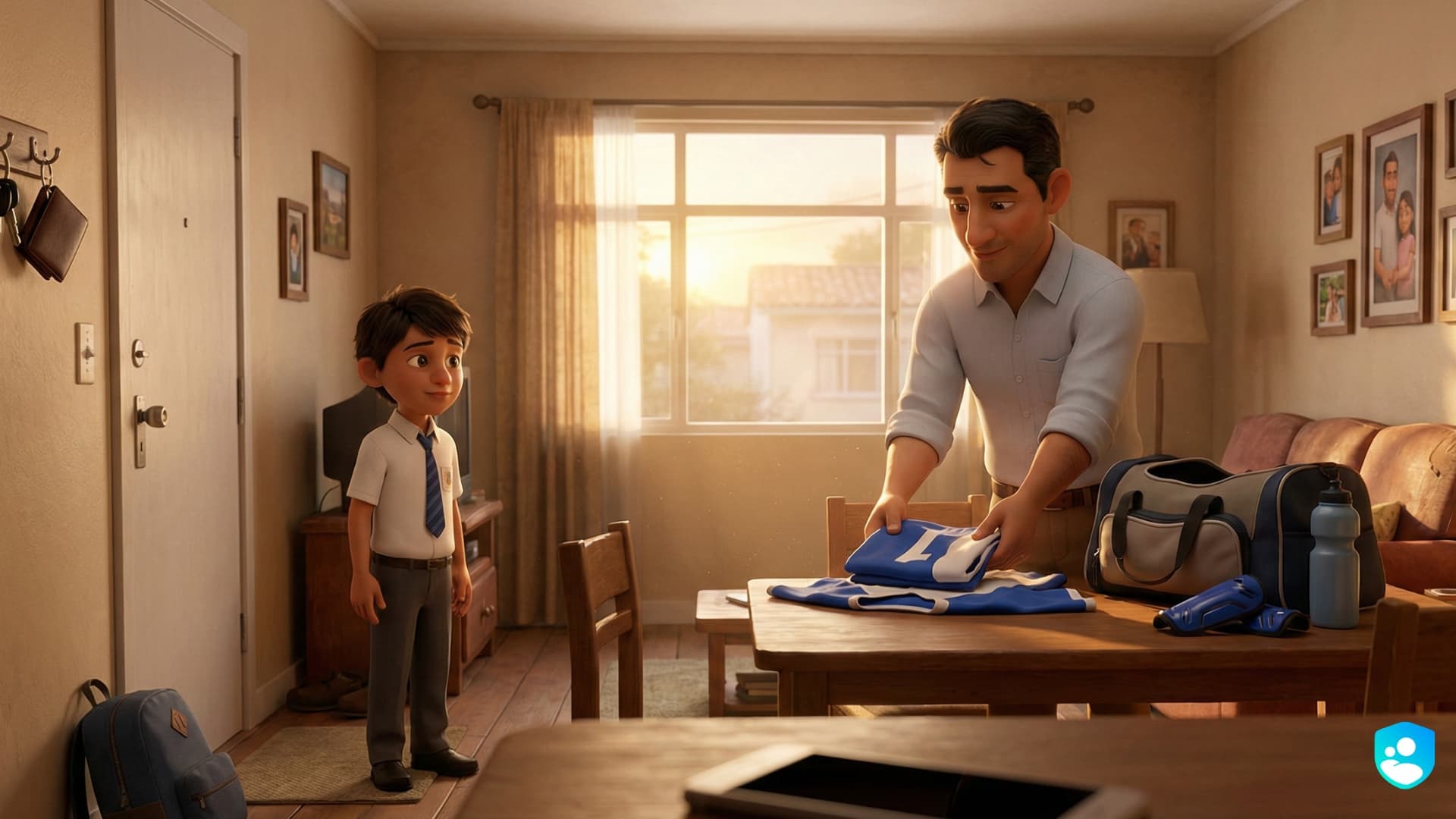 Padre preparando el equipamiento deportivo de su hijo, creando un momento de conexión y acompañamiento