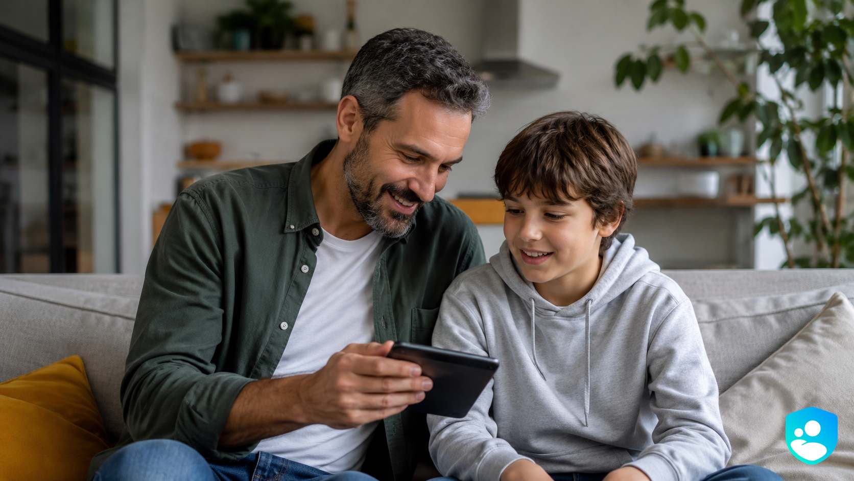 Un padre acompaña a su hijo mientras revisan juntos qué ver en YouTube desde el celular