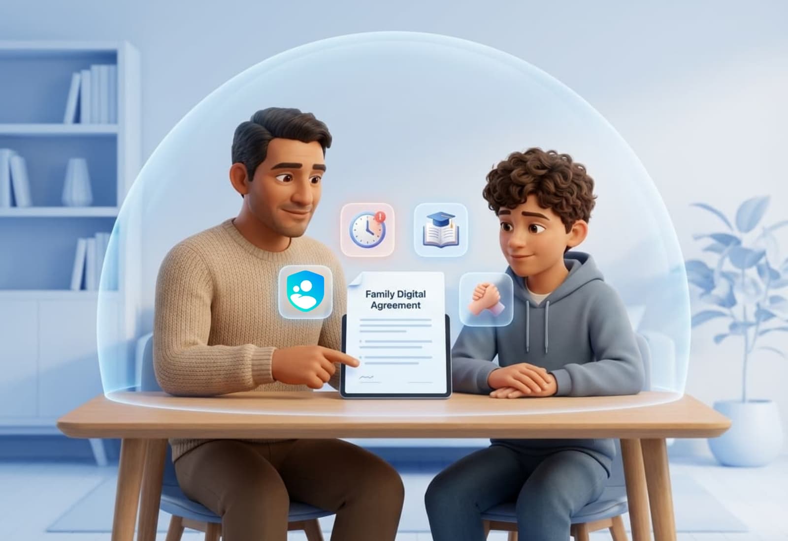 Padre e hijo firmando juntos el Contrato de Transición Digital en una mesa, con tableta mostrando el Family Digital Agreement y los valores RaiSecure
