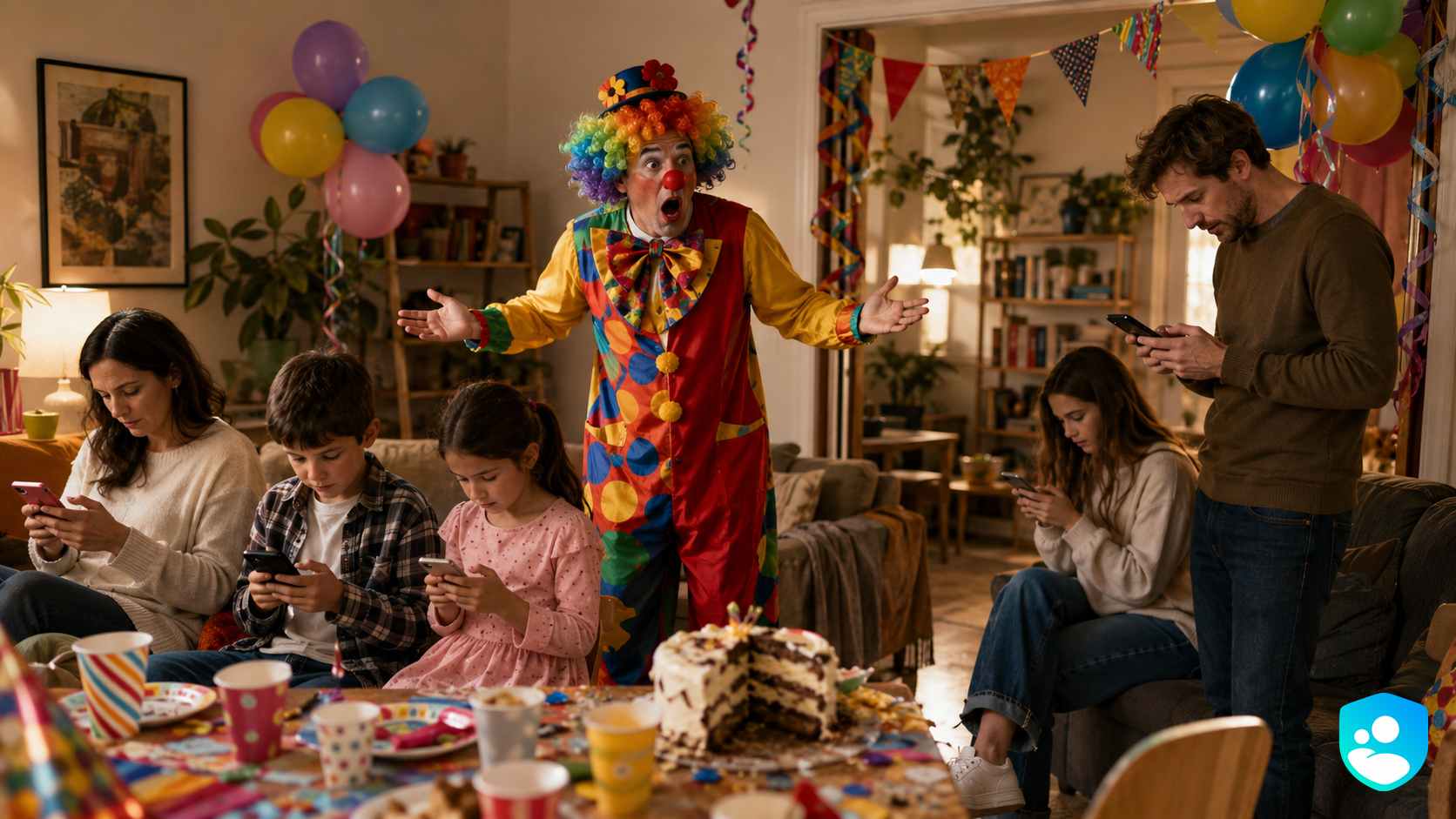 En una fiesta familiar, padres e hijos miran el celular mientras alrededor pasa la vida real