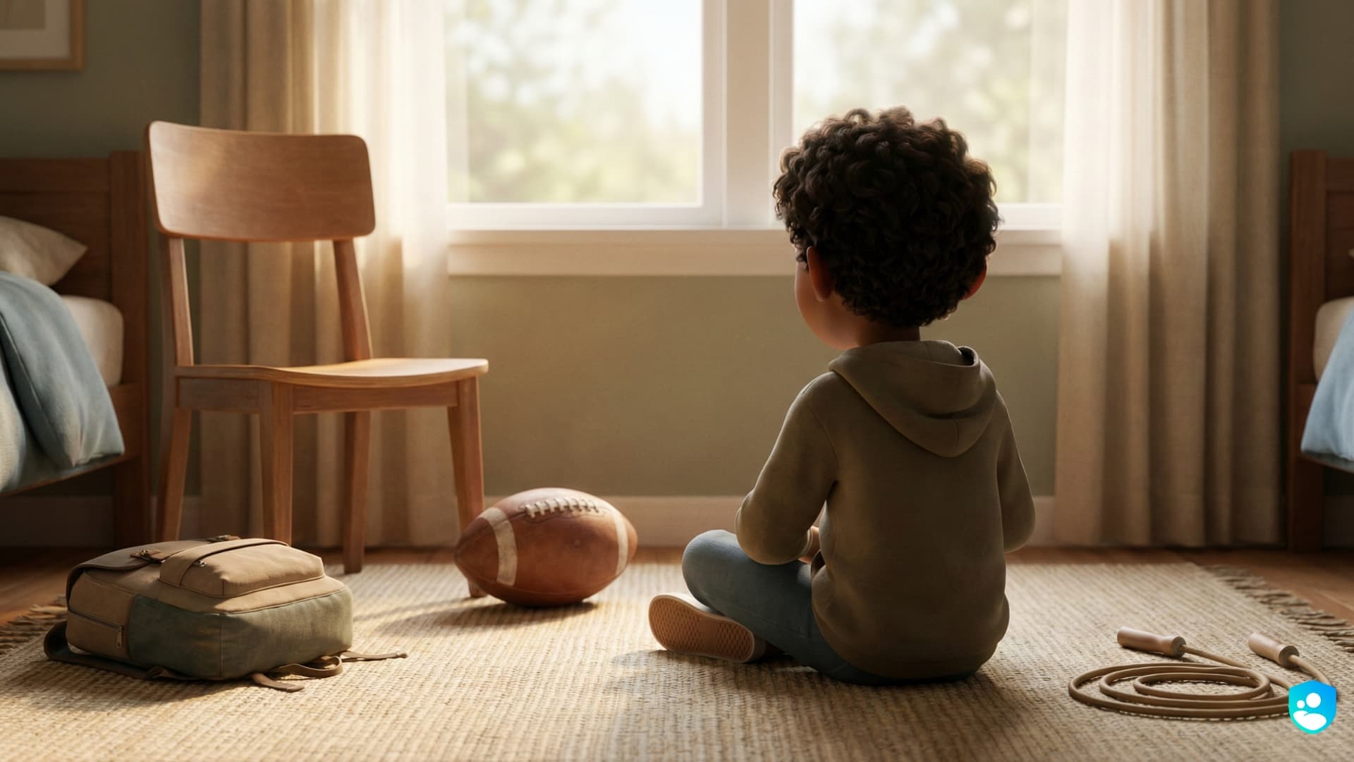 Niño sentado solo en su habitación, rodeado de objetos de deporte sin usar, mirando hacia la ventana - simboliza el vacío que el celular viene a llenar