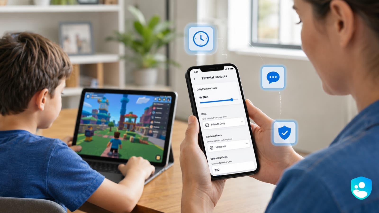 Pantalla de configuración de los controles parentales de Roblox vinculada a la cuenta de un padre