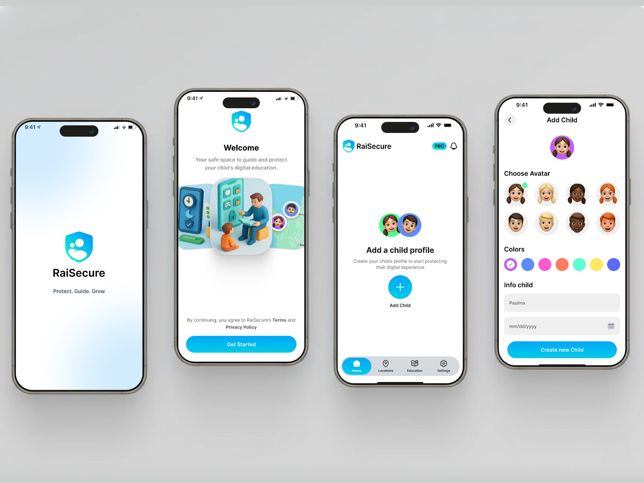 Interfaz de la aplicación RaiSecure mostrando el dashboard de control parental en múltiples dispositivos móviles