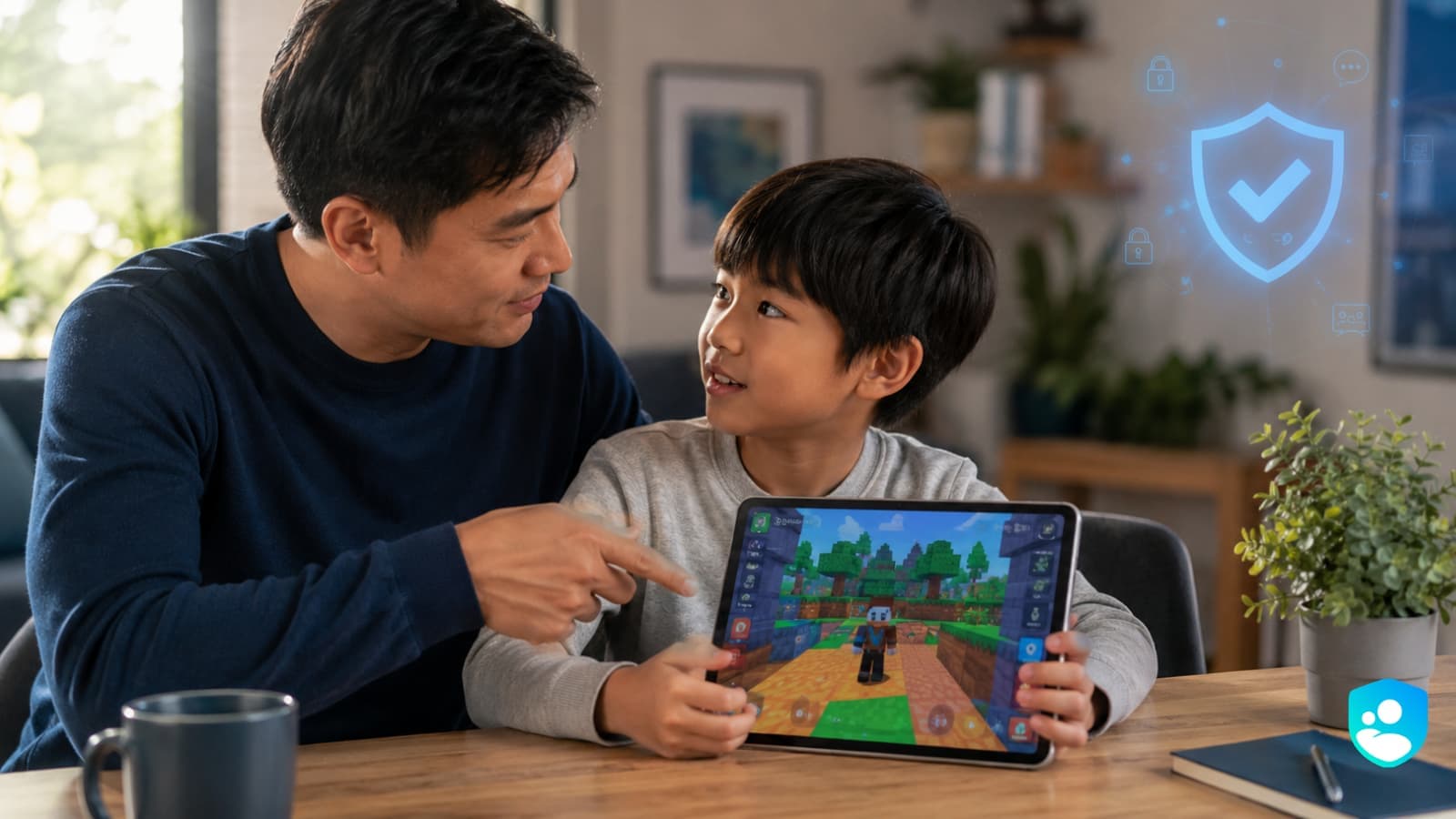 Una madre habla con su hijo sobre la seguridad y las reglas de la casa al jugar Roblox