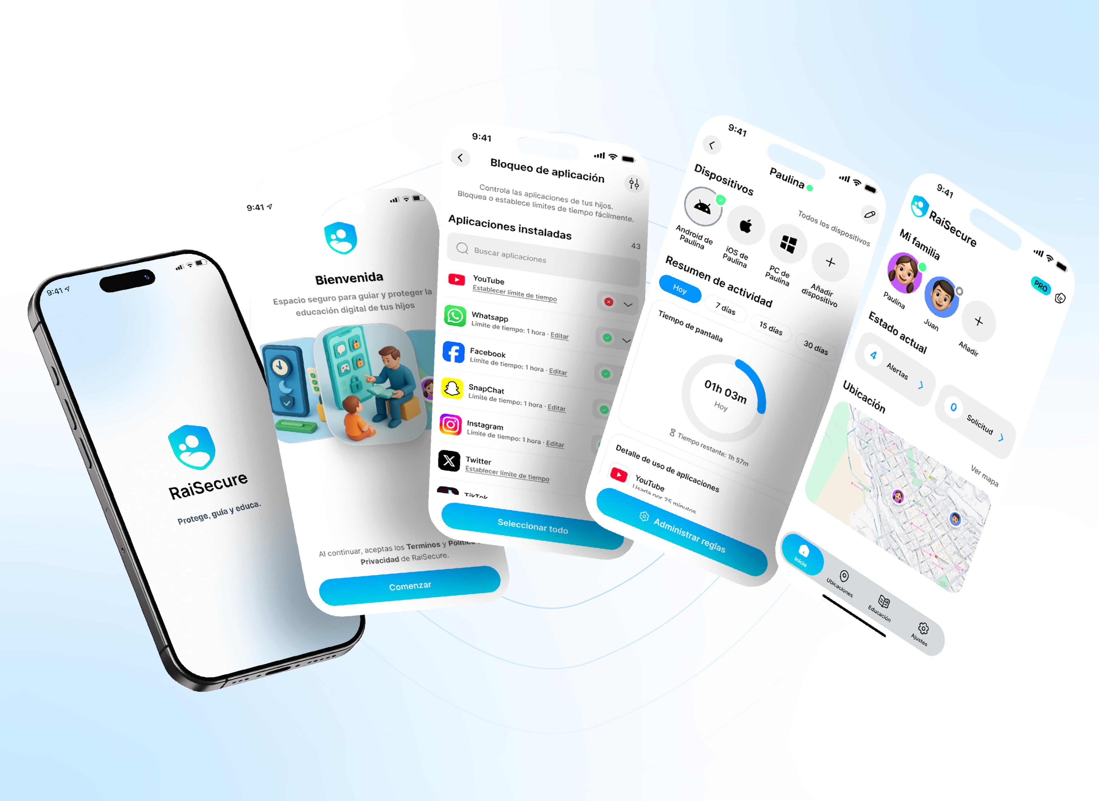 Interfaz de la aplicación RaiSecure mostrando el dashboard de control parental en múltiples dispositivos móviles