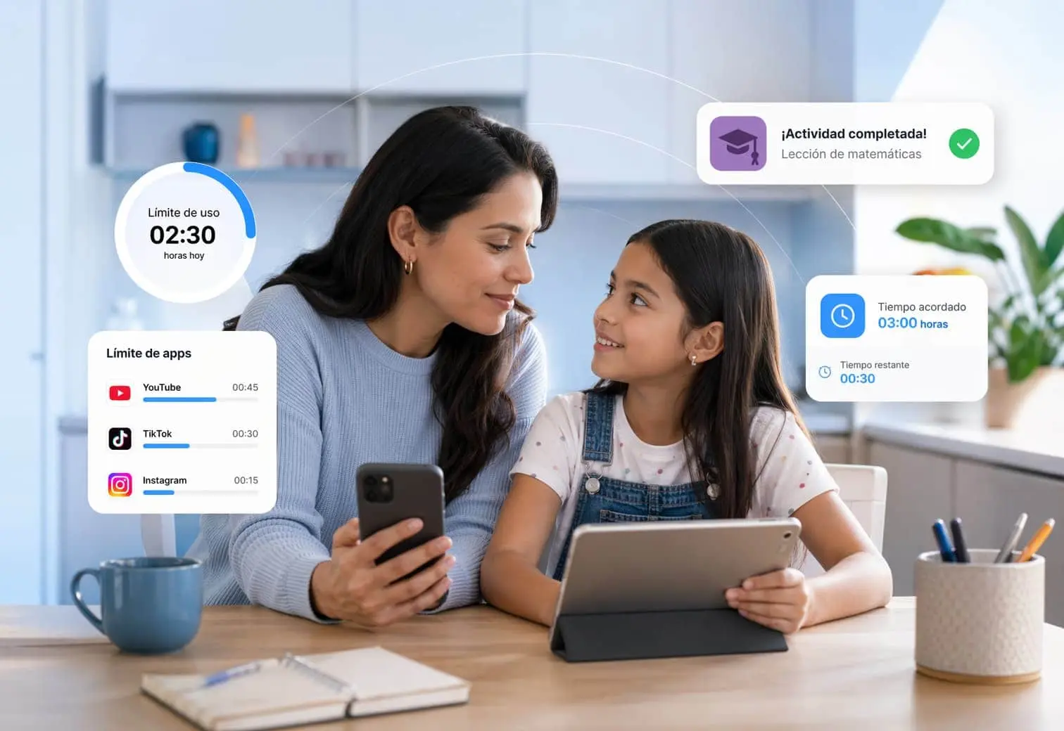 Madre e hija gestionando el tiempo de pantalla juntas con RaiSecure