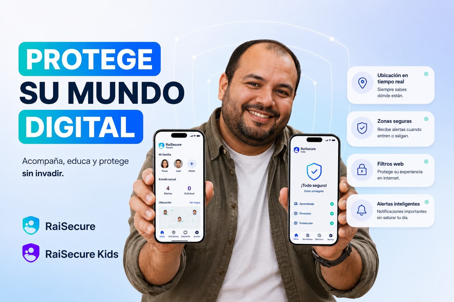 Padre colombiano mostrando la app RaiSecure a su familia