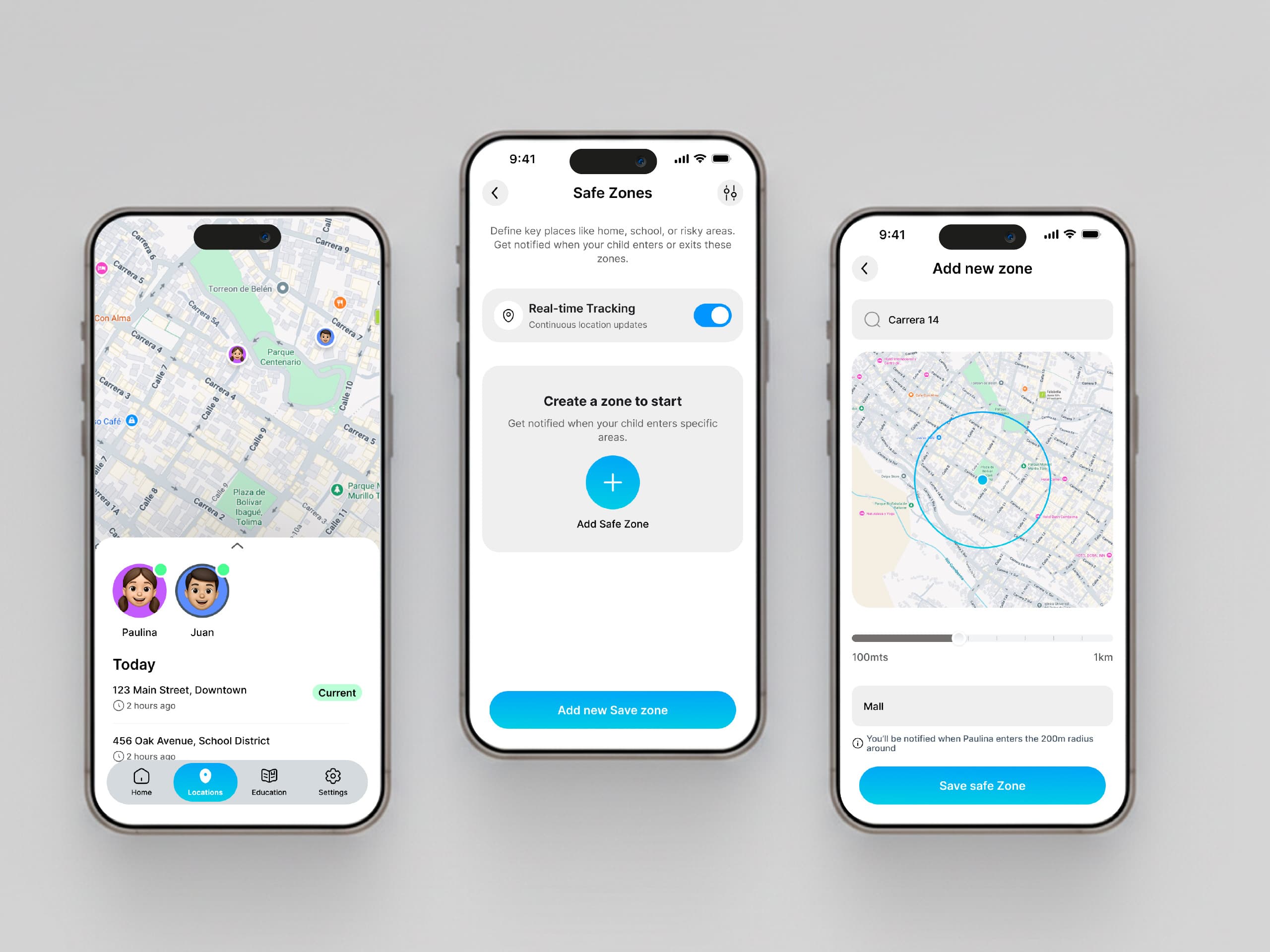 Mapa mostrando la ubicación en tiempo real y zonas seguras configuradas en la aplicación RaiSecure