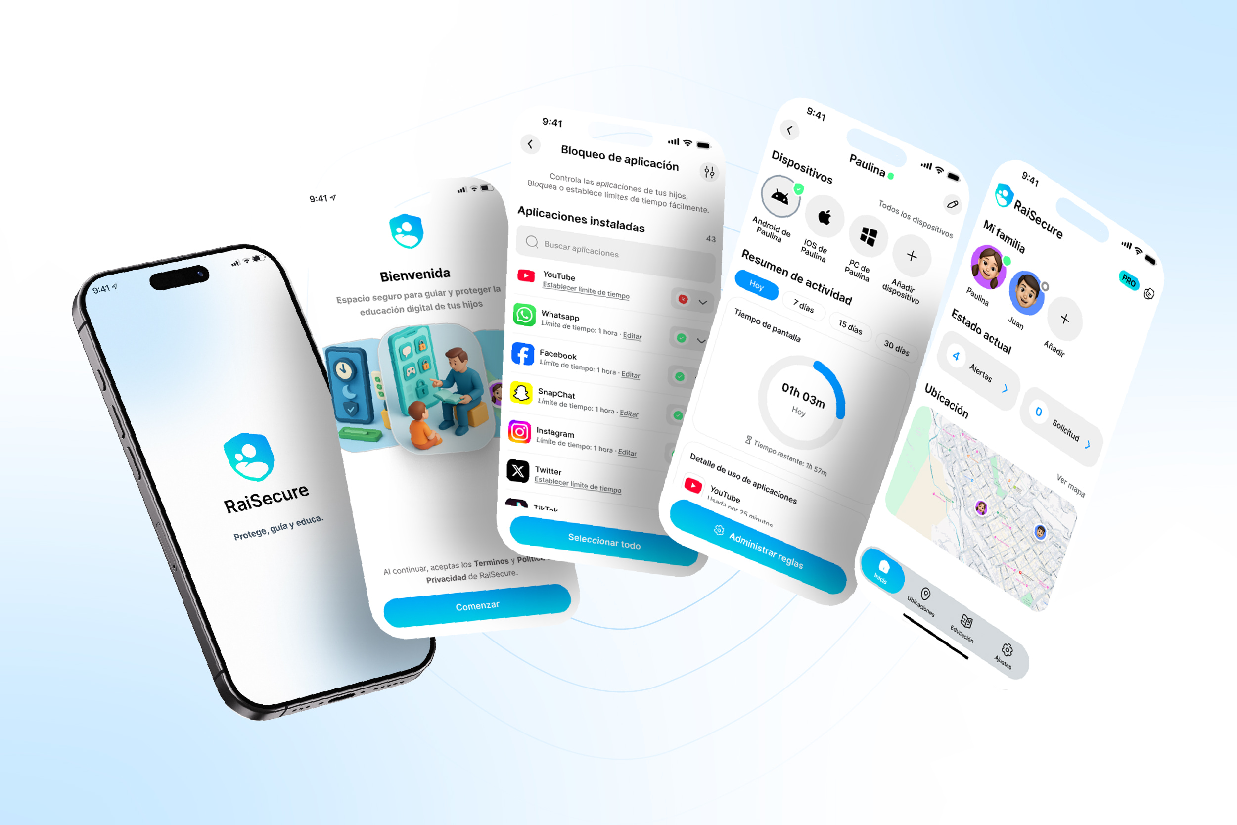 Interfaz de la aplicación RaiSecure mostrando el dashboard de control parental en múltiples dispositivos móviles