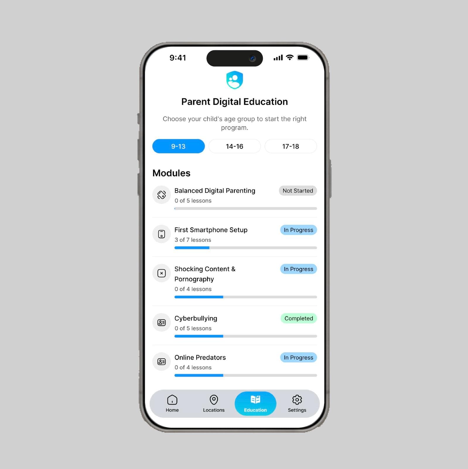 Pantalla de módulos educativos RaiSecure para niños de 9 a 13 años mostrando temas de parentalidad equilibrada y primer smartphone seguro