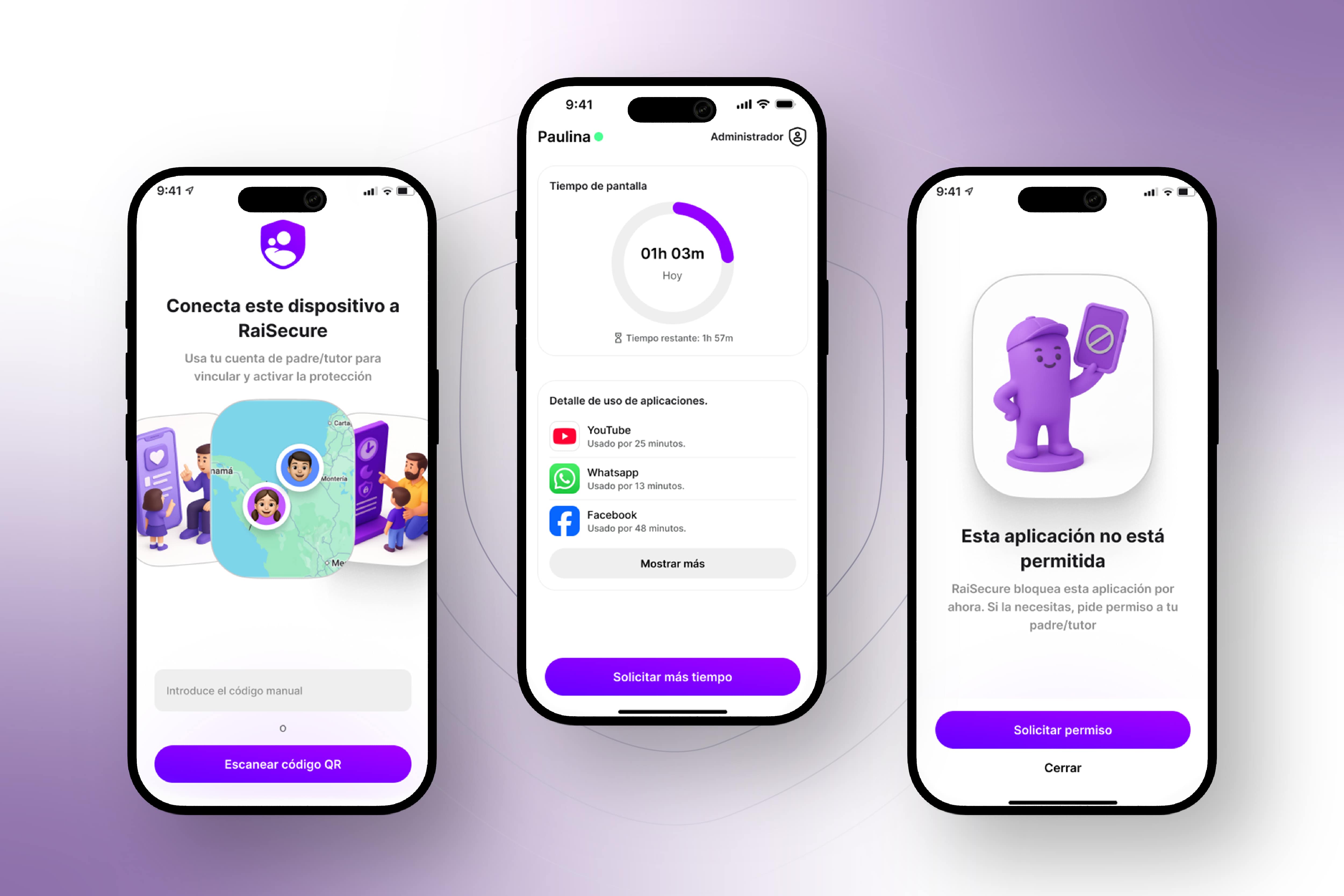 App niño RaiSecure — solicitar más tiempo de pantalla, ver tiempo restante y detalle de uso de aplicaciones como YouTube y WhatsApp
